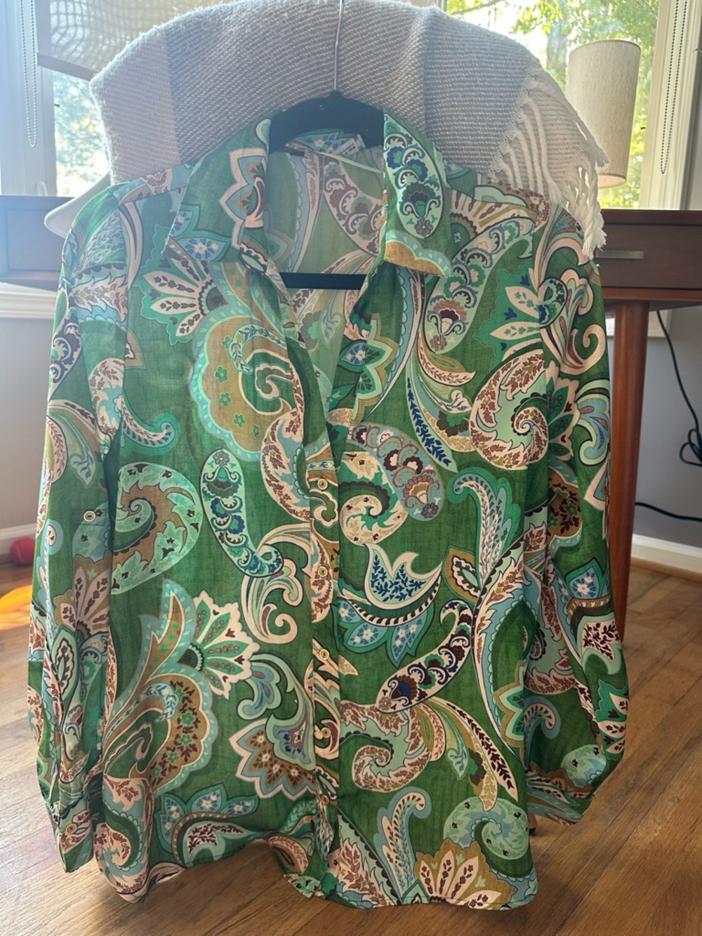 Zara Green Paisley Long-Sleeve Summery Button down Shirt